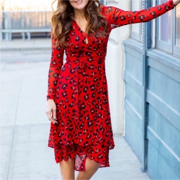 CAbi red animal print wrap dress, “Siren” Style mesh cheetah leopard print, Sz M - Picture 13 of 13